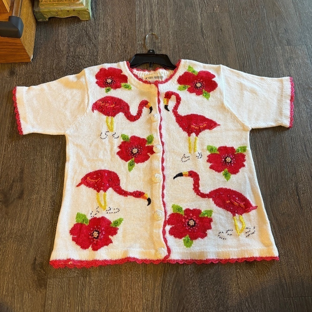 Vintage Victoria Harbour medium floral flamingo embellished cardigan